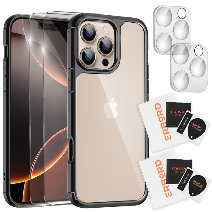 Husa telefon, ERBORD Hybrid, transparent/negru, set cu 2x sticla 9H pentru ecran si 2x sticla pentru aparat, iPhone 16 Pro Max