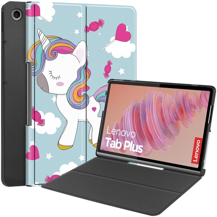 Husa tableta XGSM, Smartcase, unicorn, 3 piese, pentru Lenovo Tab Plus