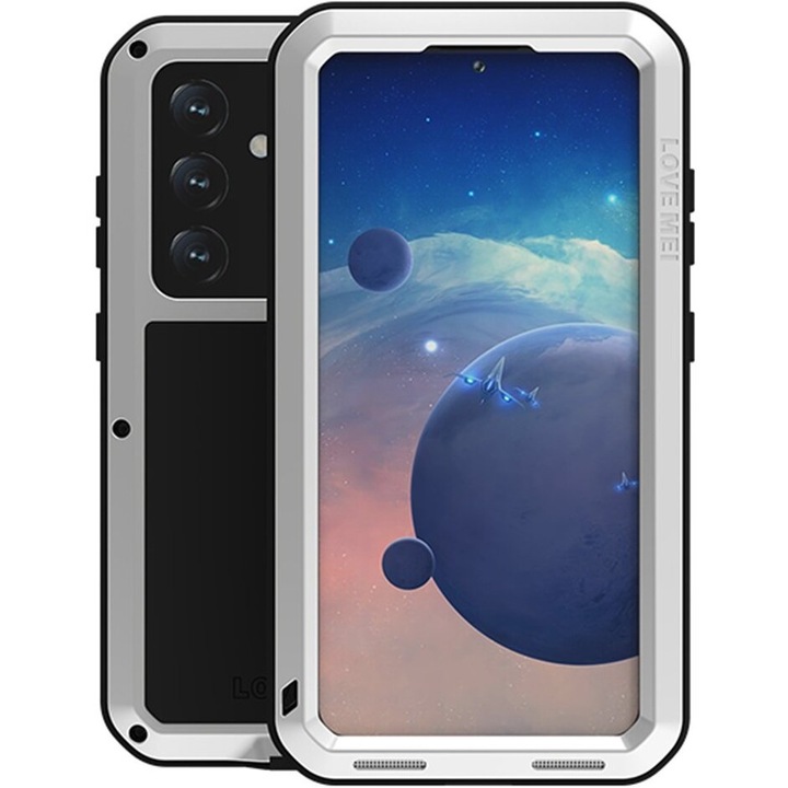 Husa pentru Samsung Galaxy S24, Love Mei, metal, blindata cu sticla, gri/negru