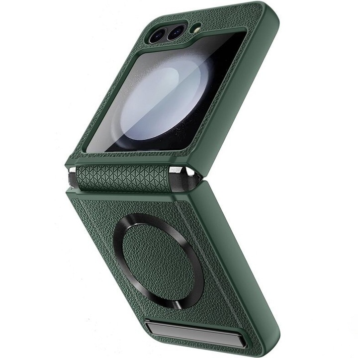 Etui pentru Samsung Galaxy Z Flip5 5G, XGSM, cu suport pliabil, sticla inclusa, verde