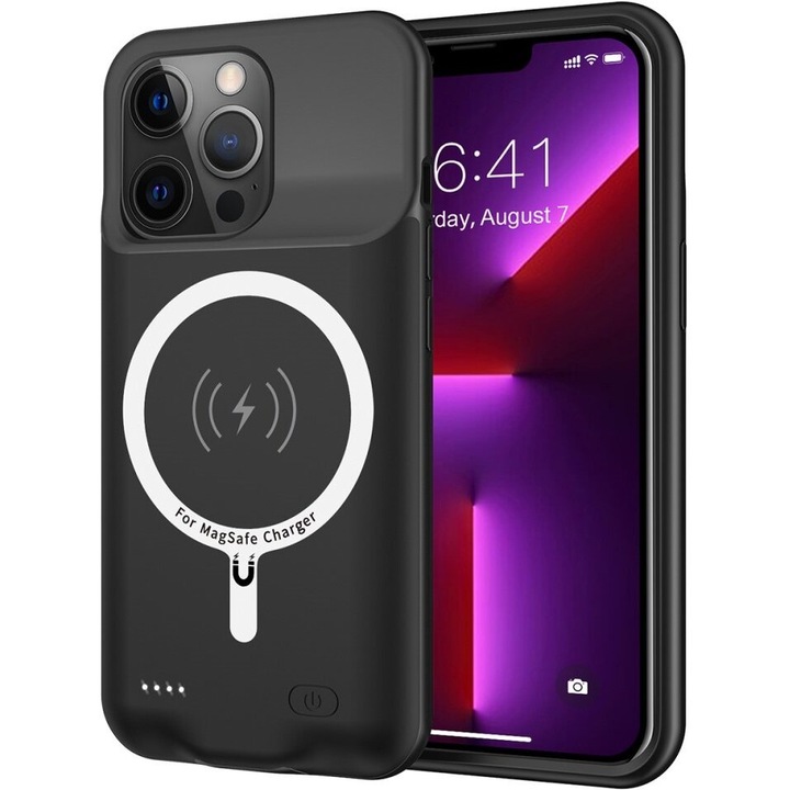 Husa cu powerbank 8500mAh MagSafe, XGSM, compatibila cu iPhone 13 Pro Max, TPU, negru