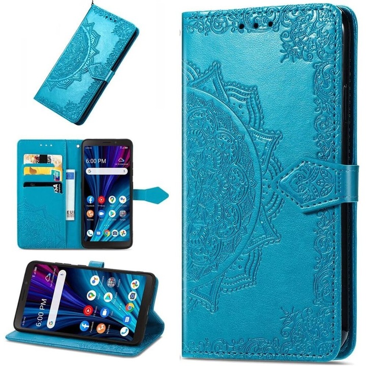 Etui pentru telefon XGSM, Oppo A80, Mandala, sintetic, albastru, cu functie stand, cu buzunare practice