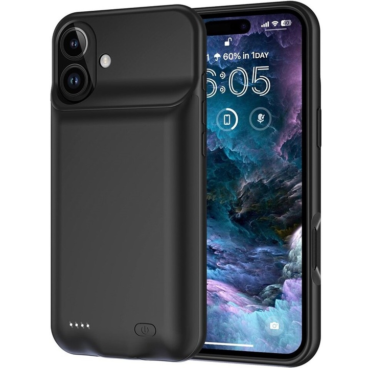 Husa telefon cu baterie 7000mAh, XGSM, protectie suplimentara, neagra, pentru iPhone 16