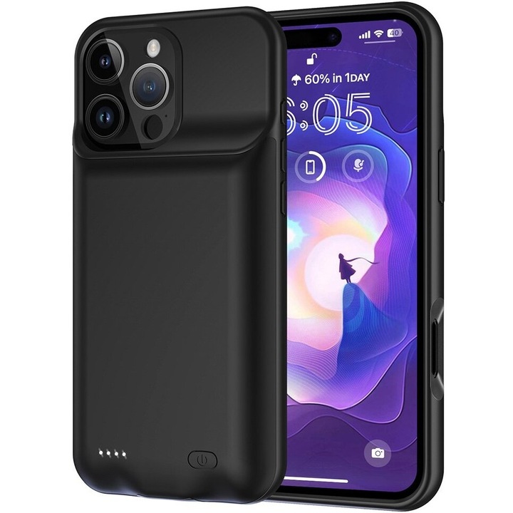 Husa telefon cu baterie 7000mAh, XGSM, protectie suplimentara, neagra, pentru iPhone 16 Pro