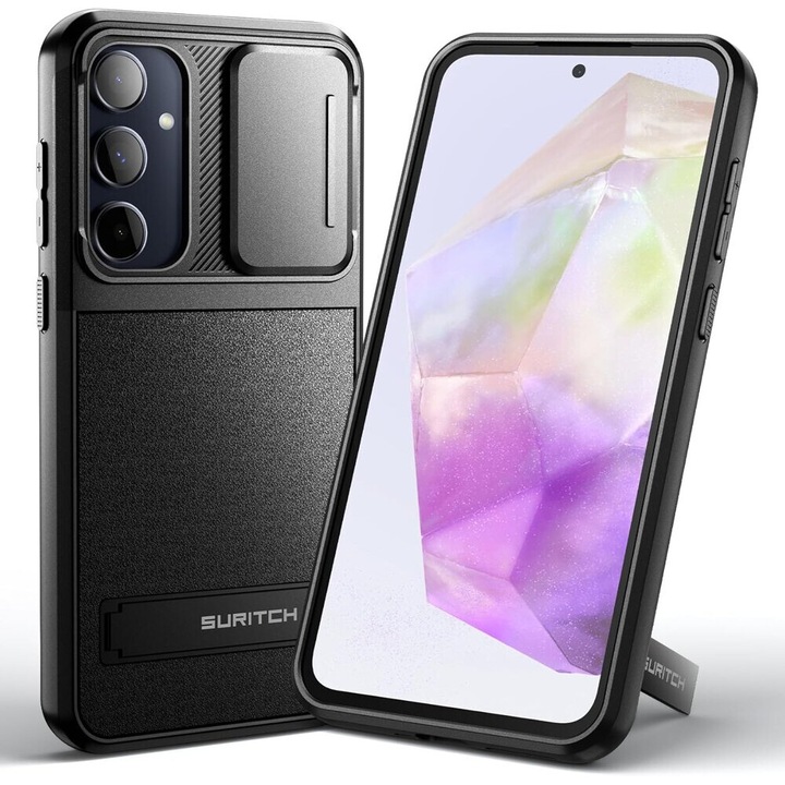 Husa pentru Samsung Galaxy A35 5G, Suritch Kickstand, policarbonat, neagra, cu suport integrat si protectie pentru camera