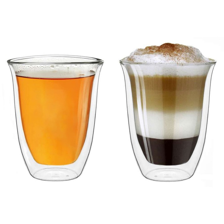 Set 2 pahare termice, CREANO, Pereti dubli, Transparent, Sticla suflata, Pentru cafea si ceai, 250 ml