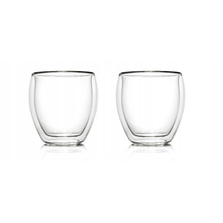 Set 2 pahare termice, CREANO, Pereti dubli, Transparent, Sticla suflata, Pentru cafea si ceai, 100 ml