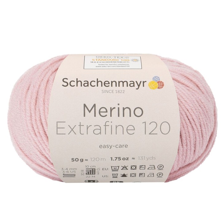Kötő- és horgoló fonal, 100% merinó gyapjú, fonalvastagság: 3 Light, hossz 120 m, 50g, Merino Extrafine 120, kristály rózsaszín 10134.