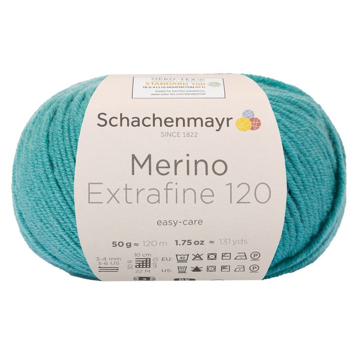 Kötő- és horgoló fonal, 100% merinó gyapjú, fonalvastagság 3 Light, hossz 120 m, 50g, Merino Extrafine 120, türkizkék 00176.