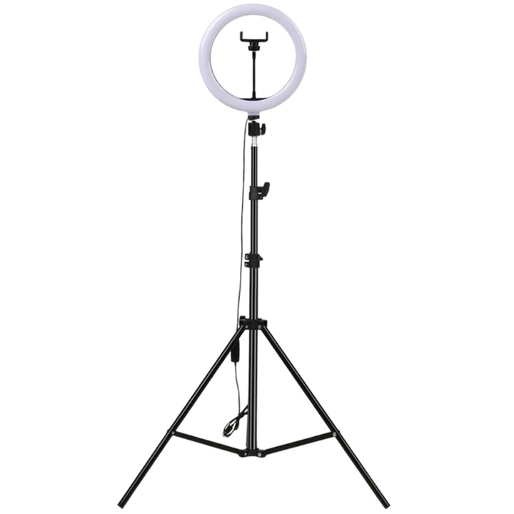 Lampa circulara cu suport selfie, SDEPOT®, diametru 30 cm/12 inch, putere 20 W, 288 LED-uri, temperatura culoare 5800K - 3000K, lumina rece/lumina calda/lumina neutra, trepied, Negru