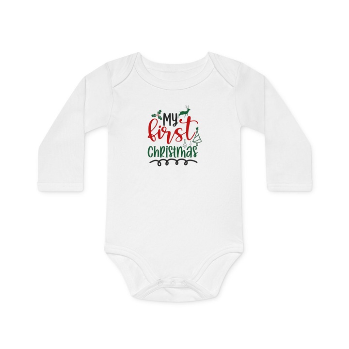 Baba body, First Christmas, ünnepi modell, fehér, hosszú ujjú, Fehér