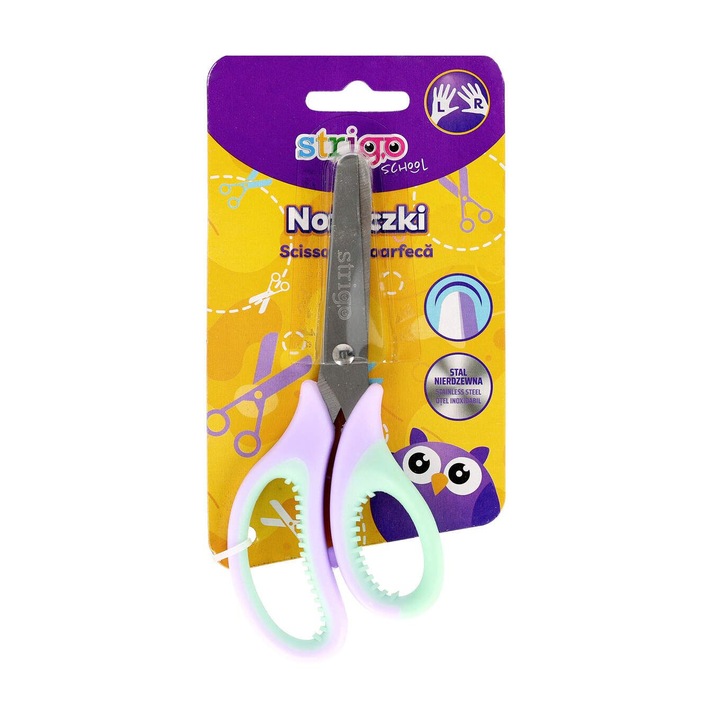 Ученическа ножица Strigo, заоблен връх, неръждаема стомана, гумена дръжка, лилаво/мента