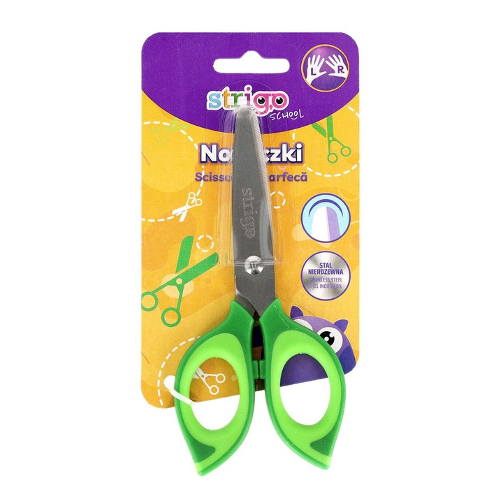 Ножица Strigo, ученическа, заоблен връх, неръждаема стомана, гумена дръжка, зелена