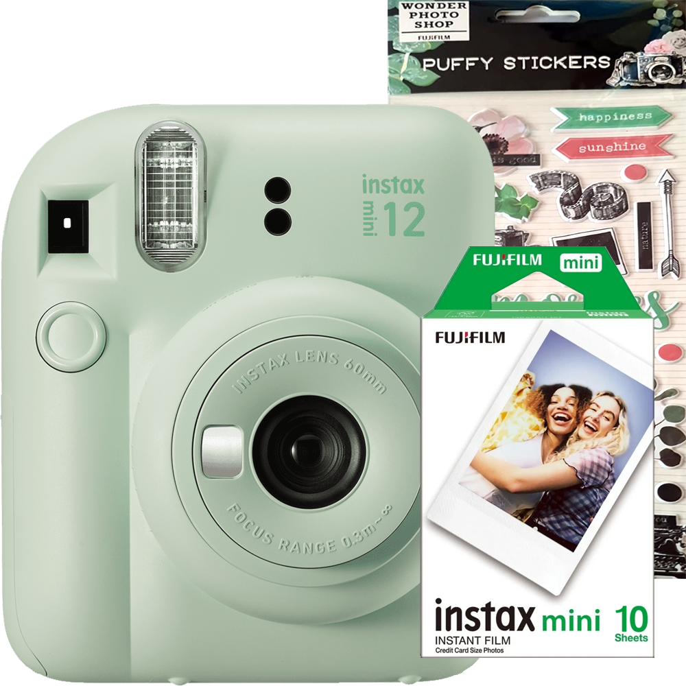 Aparat foto Instant Fujifilm Instax Mini 12 Green Mint + Film Mini 1x10 + Stickere Decorative