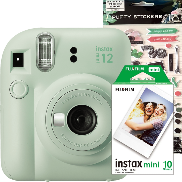 Aparat foto Instant Fujifilm Instax Mini 12 Green Mint + Film Mini 1x10 + Stickere Decorative