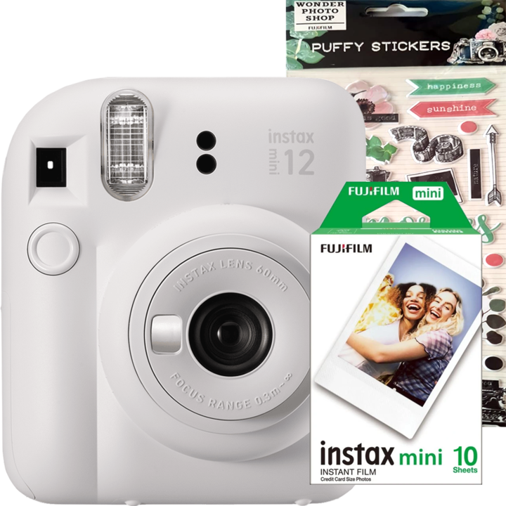 Aparat foto Instant Fujifilm Instax Mini 12 Clay White + Film Mini 1x10 + Stickere Decorative