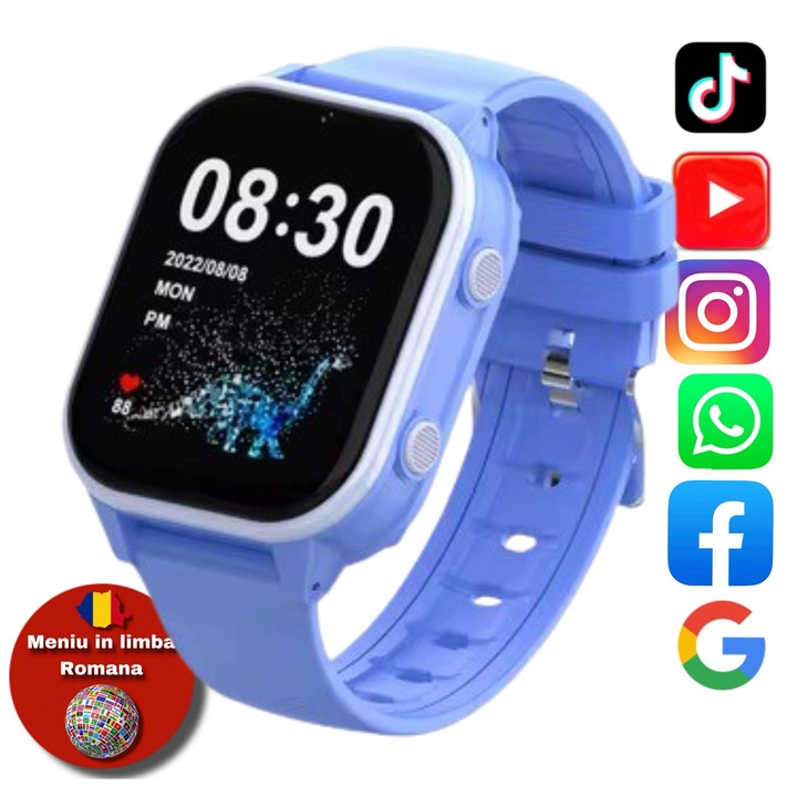 Ceas Smartwatch Pentru Copii AMYMAT KT19 PRO cu Functie telefon, Localizare GPS, Pedometru, Apel Video, Jocuri, Albastru, Whatsapp