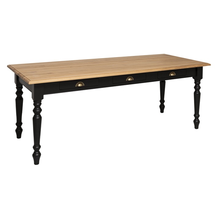 Masa dining 160x90cm, blat stejar, culoare blat maro deschis P061, culoare corp negru P003, dublu color, 100% lemn masiv, 160x90x78 cm