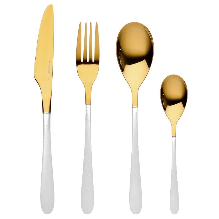 Комплект 16 прибора за хранене, Bergner, неръждаема стомана, златист/бял