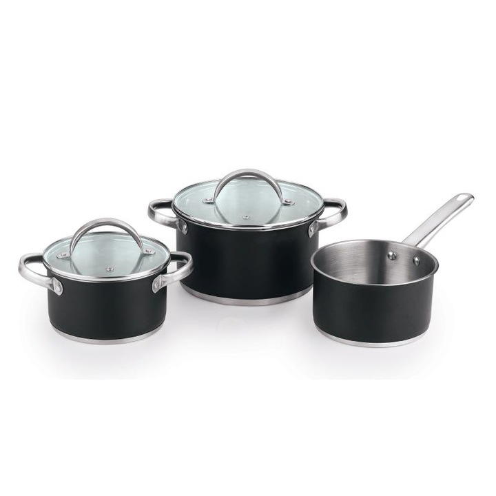 Bergner edénykészlet 16x16cm, 20x20cm, 24x24cm, 2 üveg fedő, rozsdamentes acél, fekete