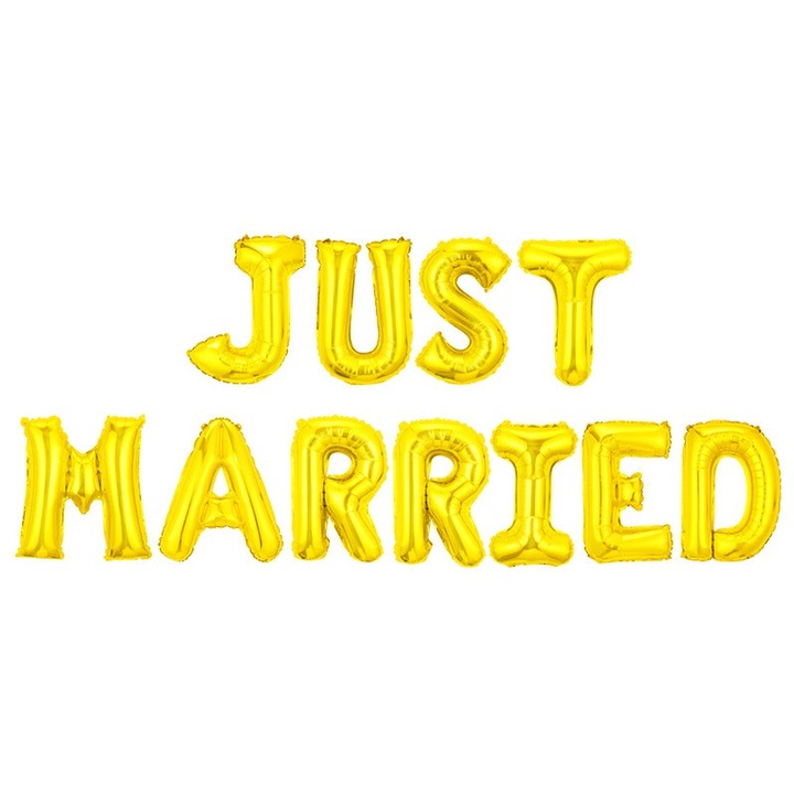 Комплект балони от метално фолио, Flippy, модел за току-що женени, 40 cm букви, парти балони, индивидуална опаковка, включени сламка, конец и лепило, надуване с въздух или хелий, злато