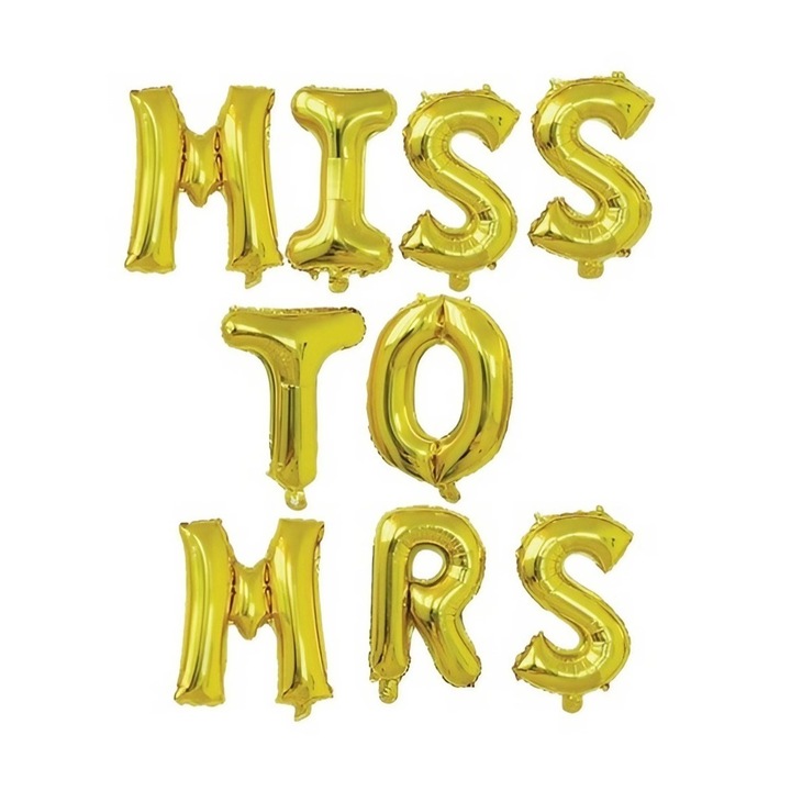 Комплект балони от метално фолио, Flippy, Написан модел Miss to Mrs, 40 cm писма, любовна тема, балони за парти, индивидуална опаковка, включена сламка, надуване с въздух или хелий, злато