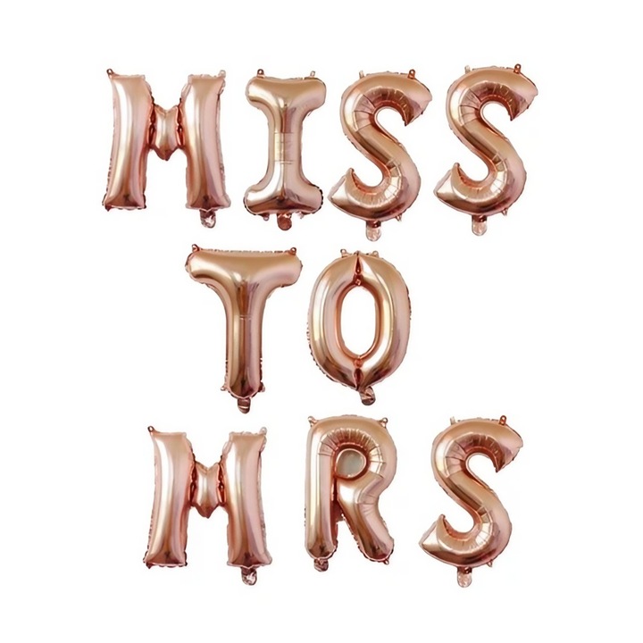 Set Baloane din Folie Metalizata, Danex, Model Scris Miss to Mrs, Litere de 40 cm, Tema Iubire, Baloane Party, Ambalaj Individual, Pai Inclus, Umflare cu Aer sau Heliu, Roz
