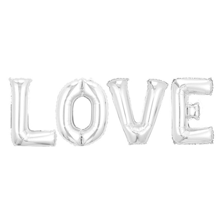 4 darab fémfólia lufi szett, Danex, betű alakú figurák, Love feliratú modell, szerelem téma, 80 cm, egyedi csomagolás, szívószál mellékelve, levegővel vagy héliummal felfújható, ezüst