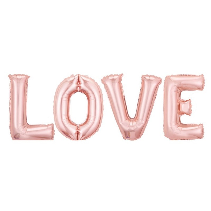 Комплект от 4 балона от метално фолио, Flippy, фигурки с букви, модел с любов, любовна тема, 80 см, индивидуална опаковка, включена сламка, надути с въздух или хелий, розови