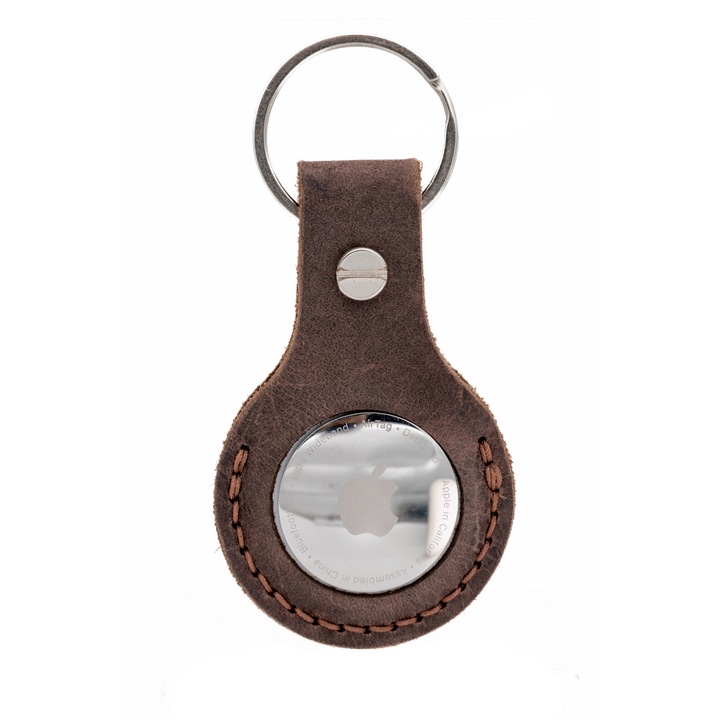Kézzel készített természetes bőr AirTag huzat kulcstartóval, barna