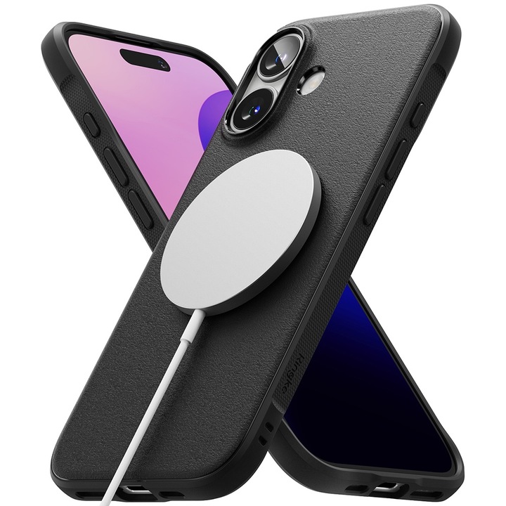 Магнитен калъф за Apple iPhone 16 Plus, броня, неплъзгаща се шарка, текстура против пръстови отпечатъци, безопасен за камерата, безжично зареждане, черен оникс