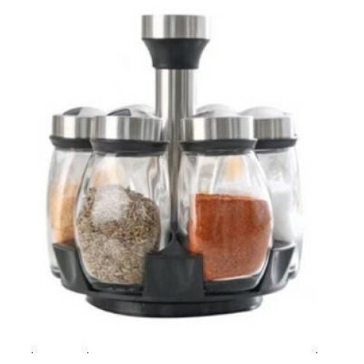 Set de 6 recipiente pentru condimente, rotativ, otel/sticla, 120 ml