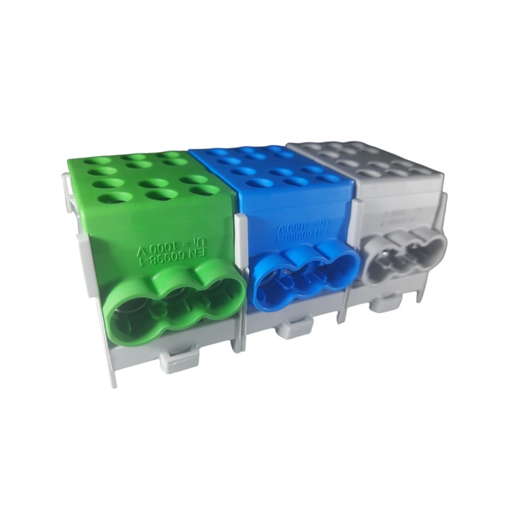 Cleme de distributie derivatie pentru conexiuni monofazice 25mm²/35mm² Cu-Al montaj pe sina DIN 100A 6 intrari per pol/clema