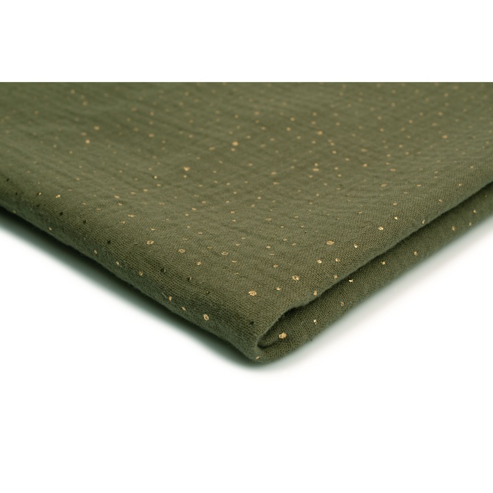 Tesatura muselina, puncte aurii Fundal Kaki, 100% Bumbac, 50cm x 130cm
