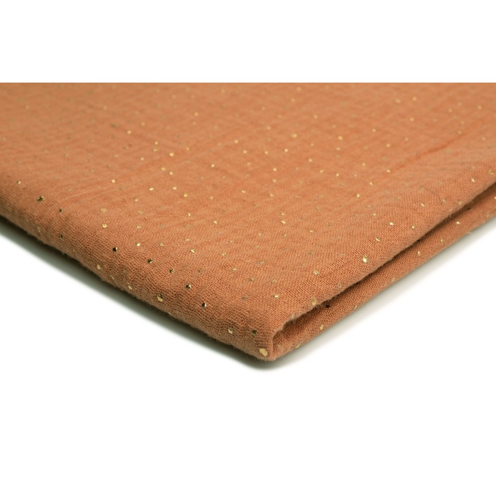 Muszlin szövet, arany pöttyök Karamell háttér, 100% pamut, 50cm x 130cm