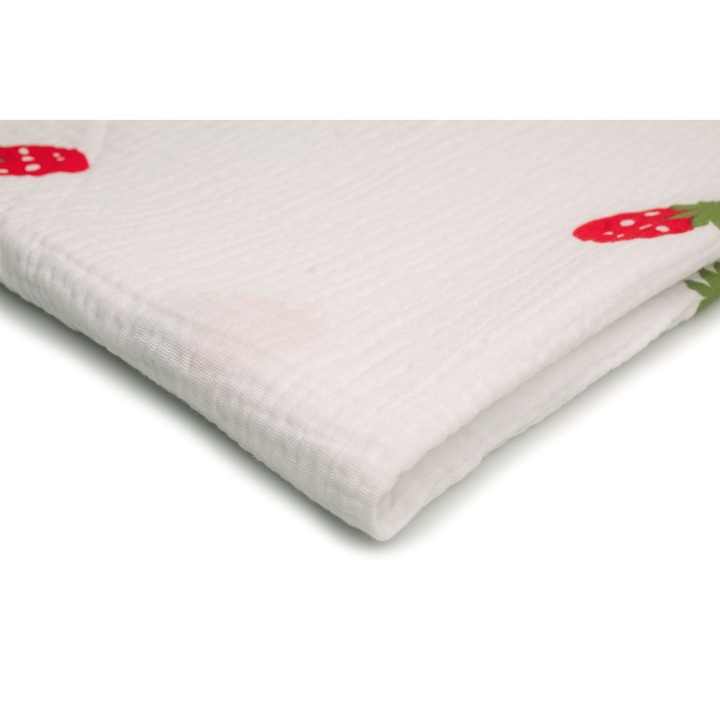 Tesatura Muselina imprimata, model Capsuni pe un fundal alb, 100% Bumbac, Dimensiuni 50cm x 130cm