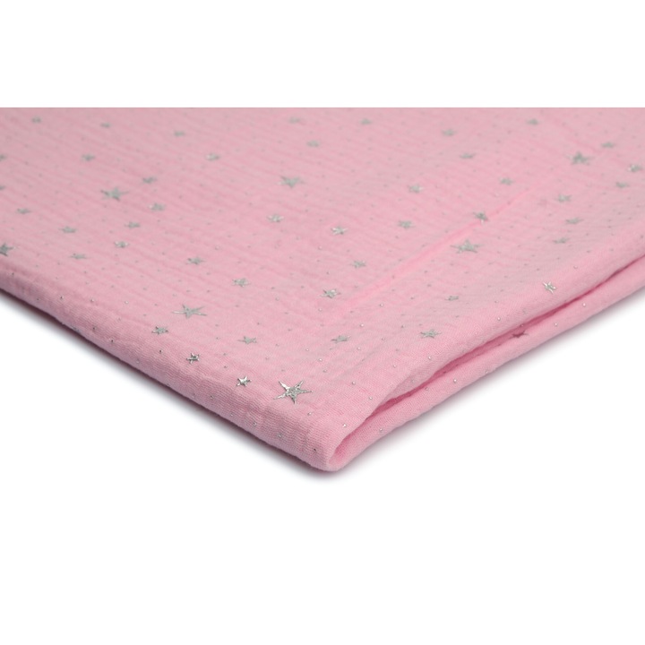 Tesatura muslin, stele argintii Fundal Roz bomboane, 100% Bumbac, 50cm x 130cm