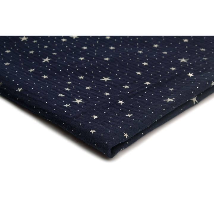 Tesatura muslin, stele argintii Fundal Albastru inchis, 100% Bumbac, 50cm x 130cm