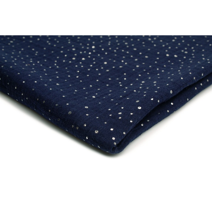 Tesatura muslin, puncte argintii Fundal Albastru Marin, 100% Bumbac, 50cm x 130cm