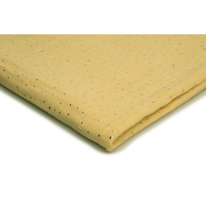 Tesatura muslin, puncte argintii Fundal Galben canar, 100% Bumbac, 50cm x 130cm