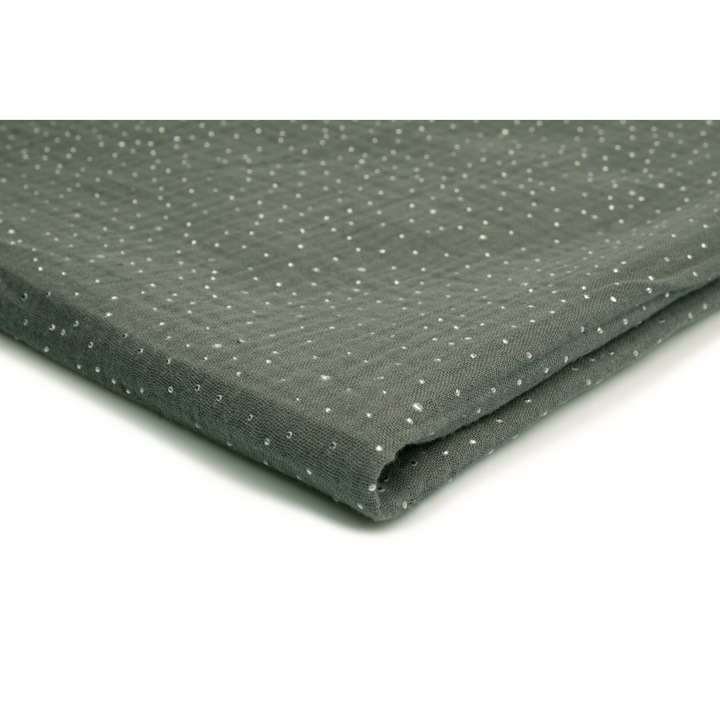 Muszlin szövet, ezüst pöttyös szürke háttér, 100% pamut, 50cm x 130cm