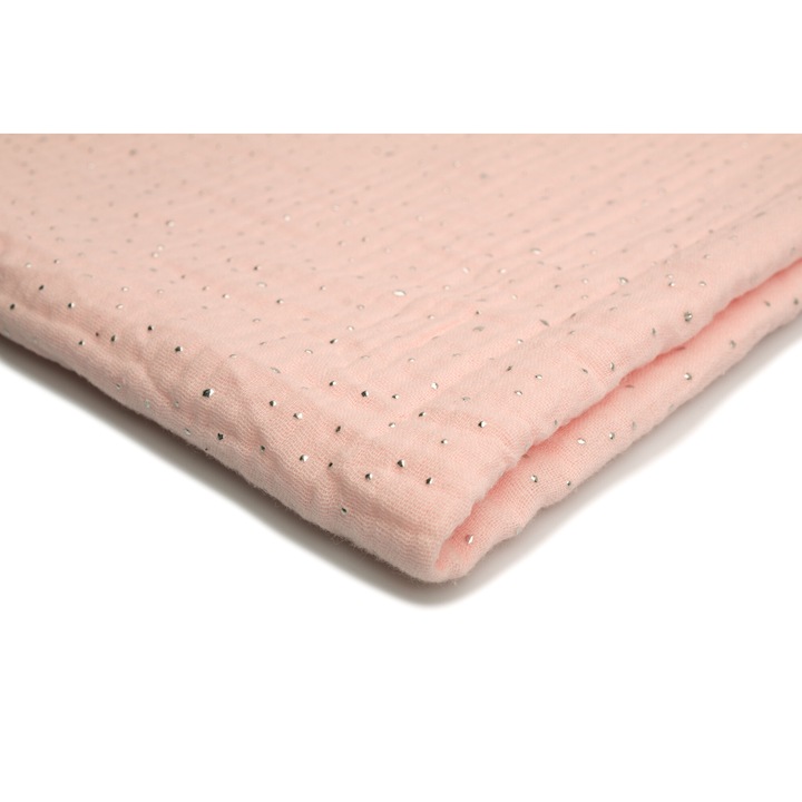 Tesatura muslin, puncte argintii Fundal Roz pudrat, 100% Bumbac, 50cm x 130cm