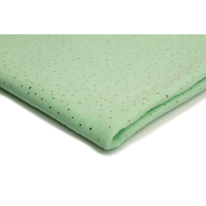 Муселин плат, златни точки Светло ментово зелен фон, 100% памук, 50cm x 130cm