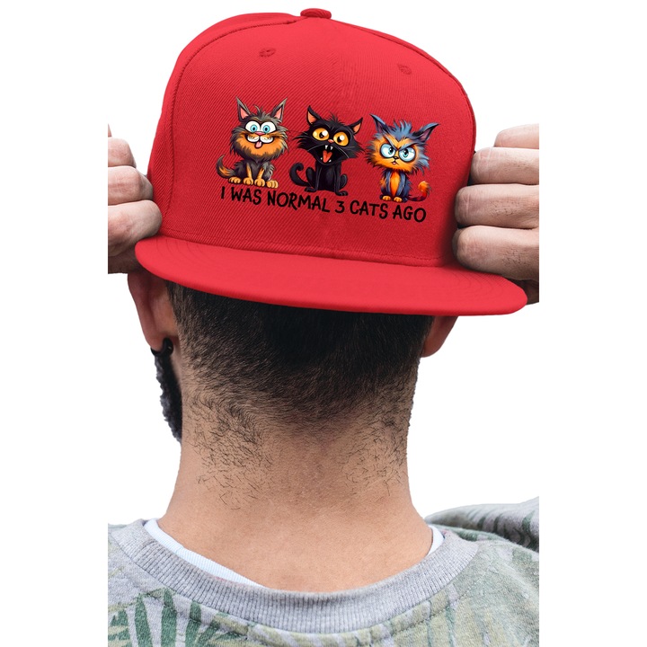 Sapca rap unisex cu imprimeu, I was normal 3 cats ago, Bumbac, Rosu, S