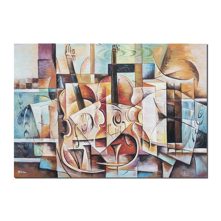 Tablou pictat manual cubism sintetic, Sonata pentru vioara, 100x70cm ulei pe panza, Vlad Soltan
