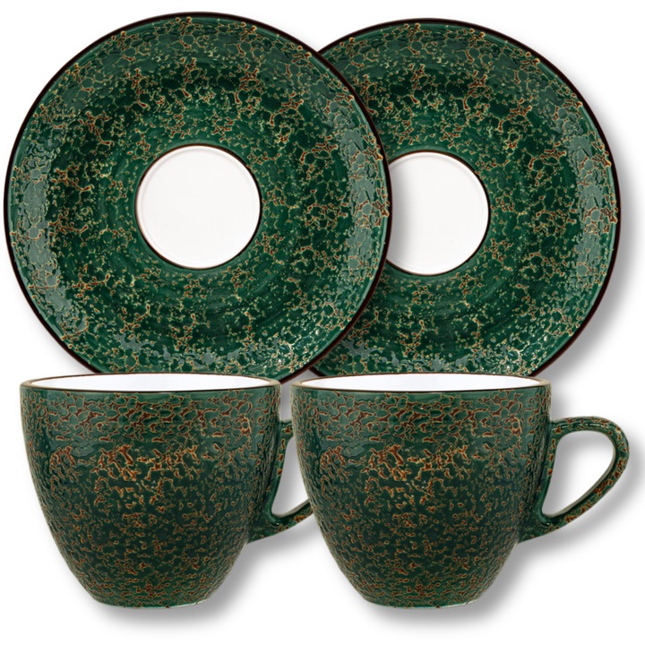 Set cesti cafea lux, Portelan, Verde, 300 ml, 2x Ceasca + 2x Farfurie elegante, pentru cafea, ceai, cappuccino, Colorboom, Wilmax England