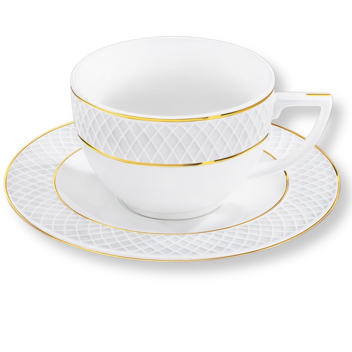 Set cesti espresso lux, Portelan, Alb, 90 ml, Ceasca + Farfurie elegante, margine auriu, set cesti cafea, Wilmax England