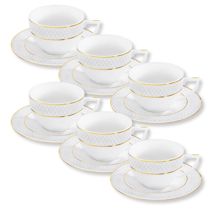 Set cesti cafea lux, Portelan, Alb, 240 ml, 6x Ceasca + 6x Farfurie elegante, margine auriu, pentru cafea, ceai, cappuccino, Wilmax England