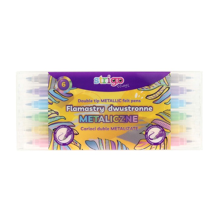 Двойни маркери Strigo, кръгъл връх и тип четка, 6 цвята металик