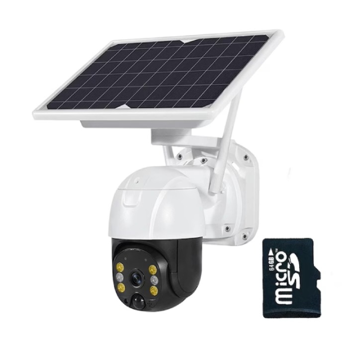Camera de supraveghere wireless 4G cu SIM, cu panou solar 8 W si rotire 355°, protectie IP65, infrarosu, impermeabila, senzor de miscare, baterie 15600 mAh, negru, inclus Card de memorie 64GB
